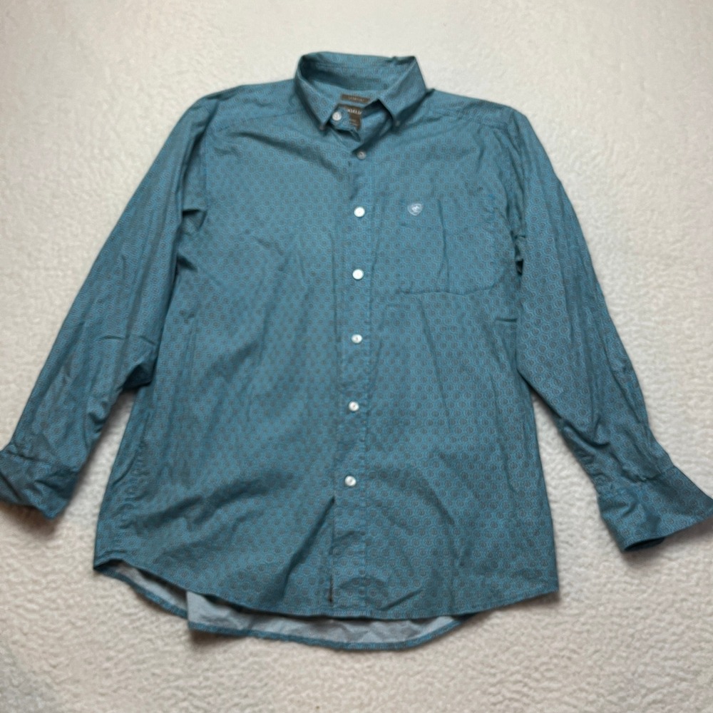 Ariat Button Down Shirt Mens Medium Teal Geometric Floral Stretch Long Sleeve - Picture 2 of 11